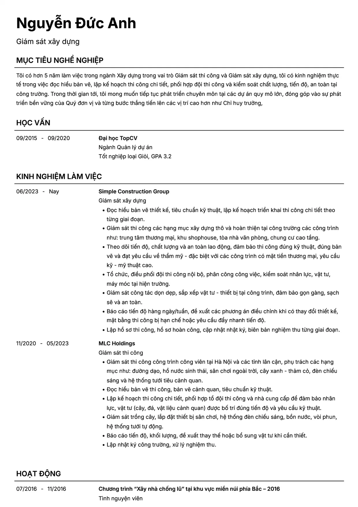 Mẫu CV Giám sát xây dựng style Headhunt