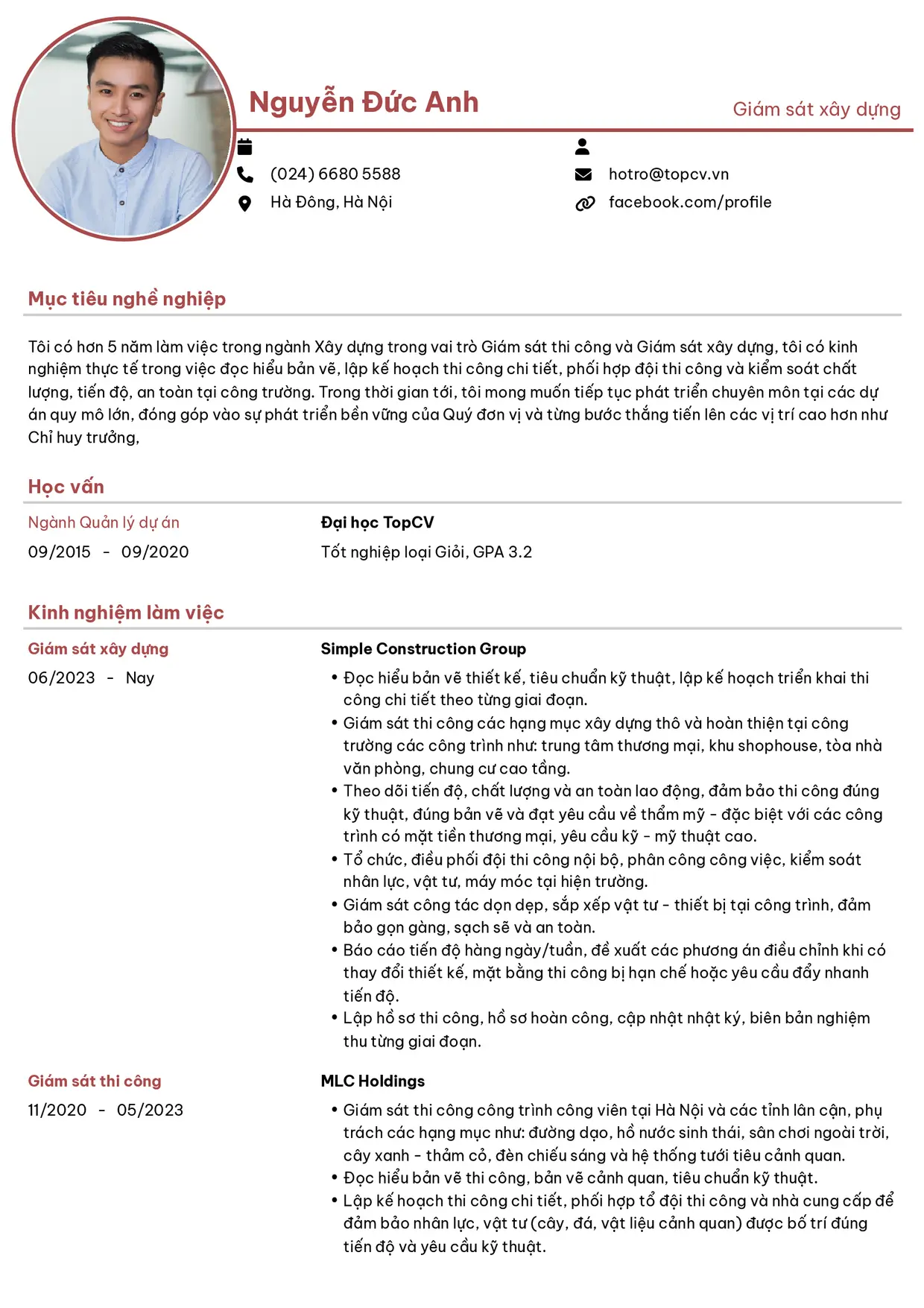 Mẫu CV Giám sát xây dựng style Hiện Đại 1