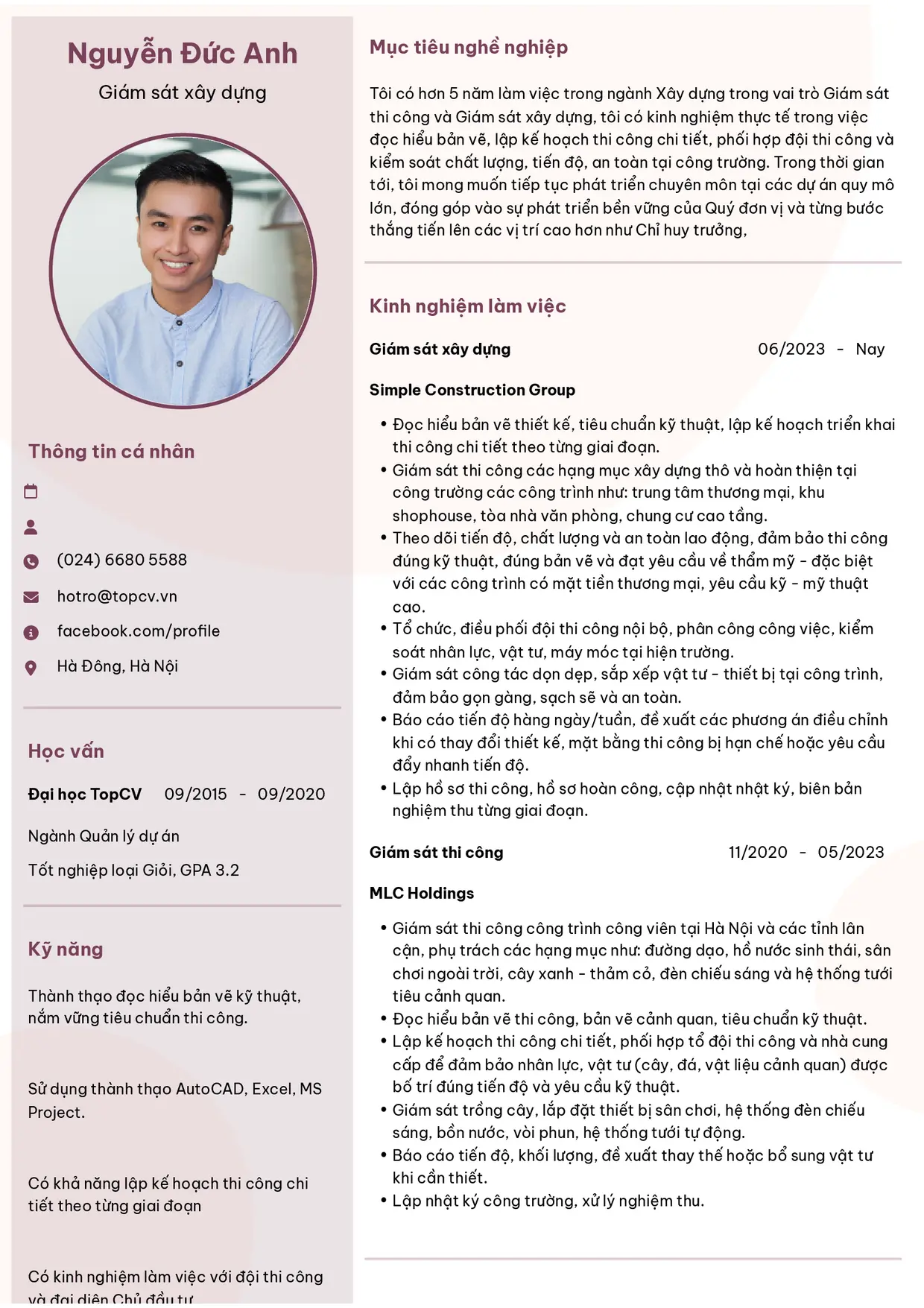 Mẫu CV Giám sát xây dựng style Hiện đại 6