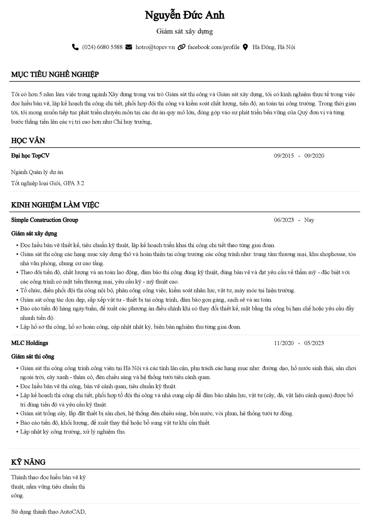 Mẫu CV Giám sát xây dựng style Senior
