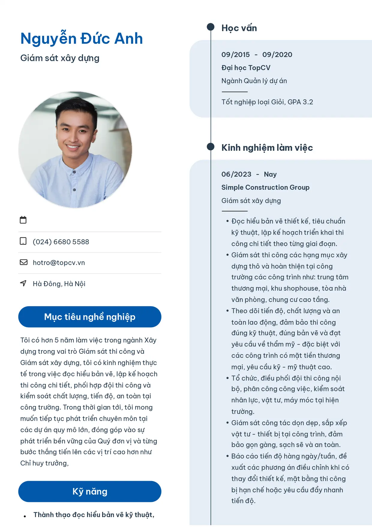 Mẫu CV Giám sát xây dựng style Sinh viên 3
