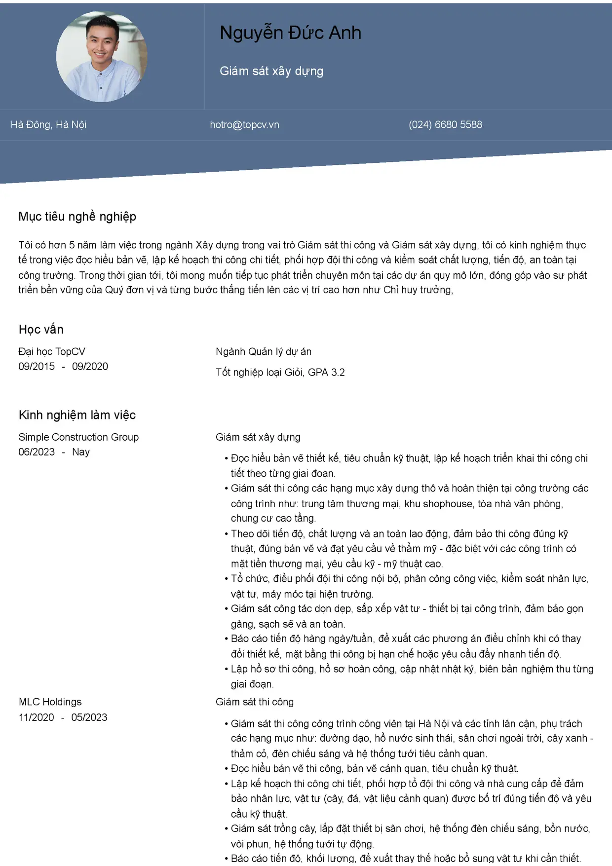 Mẫu CV Giám sát xây dựng style Thanh Lịch 1