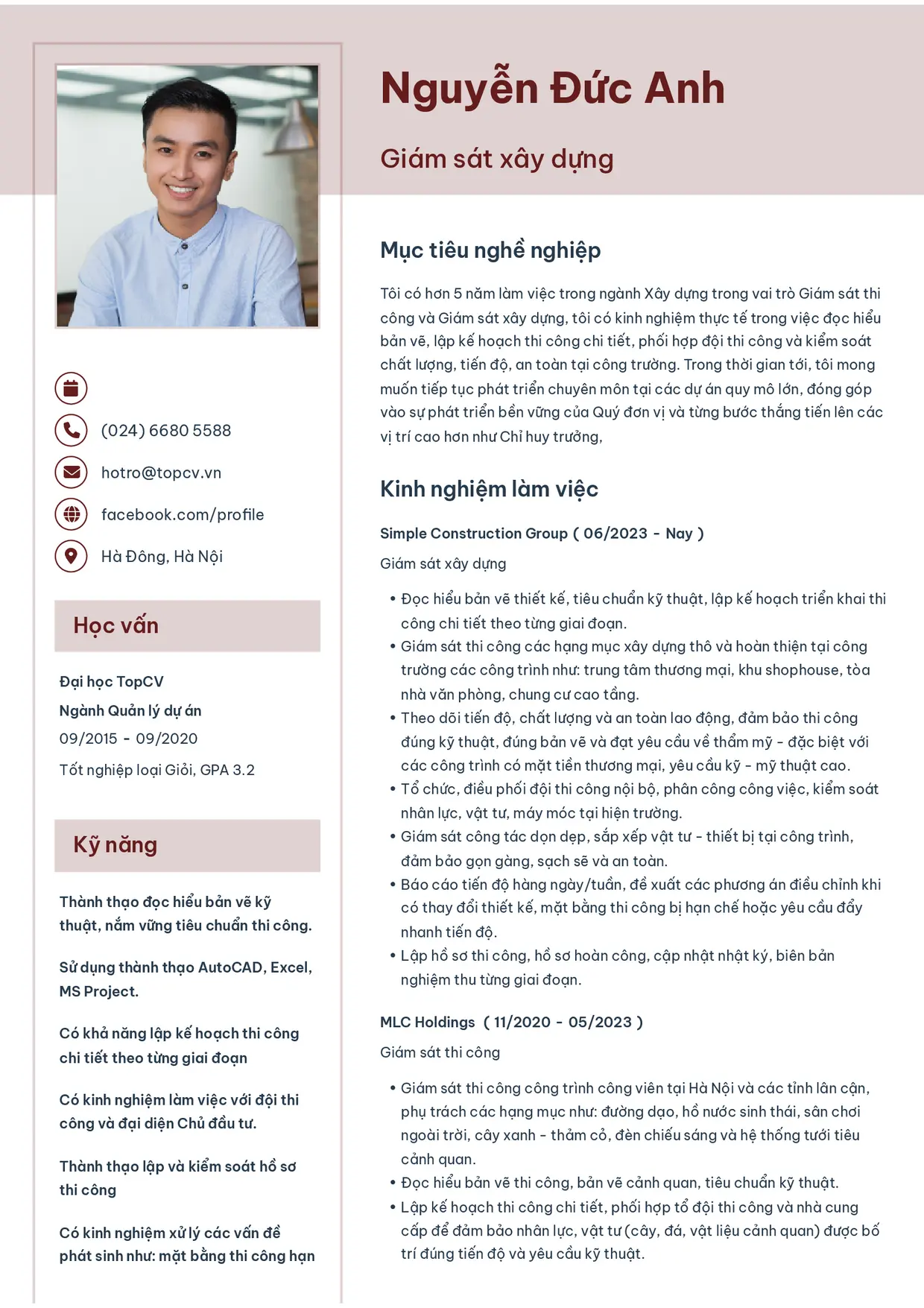 Mẫu CV Giám sát xây dựng style Thanh nhã
