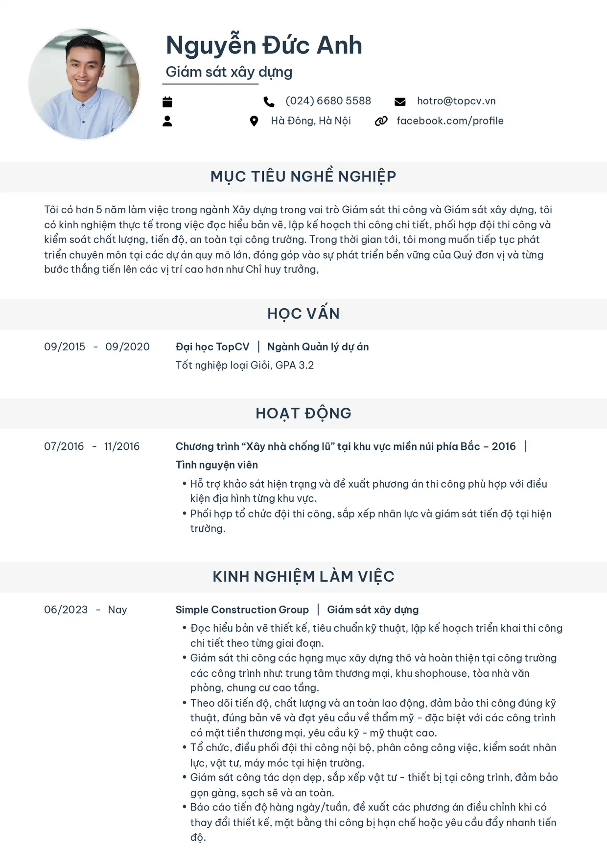 Mẫu CV Giám sát xây dựng style Tiêu chuẩn (ít kinh nghiệm)