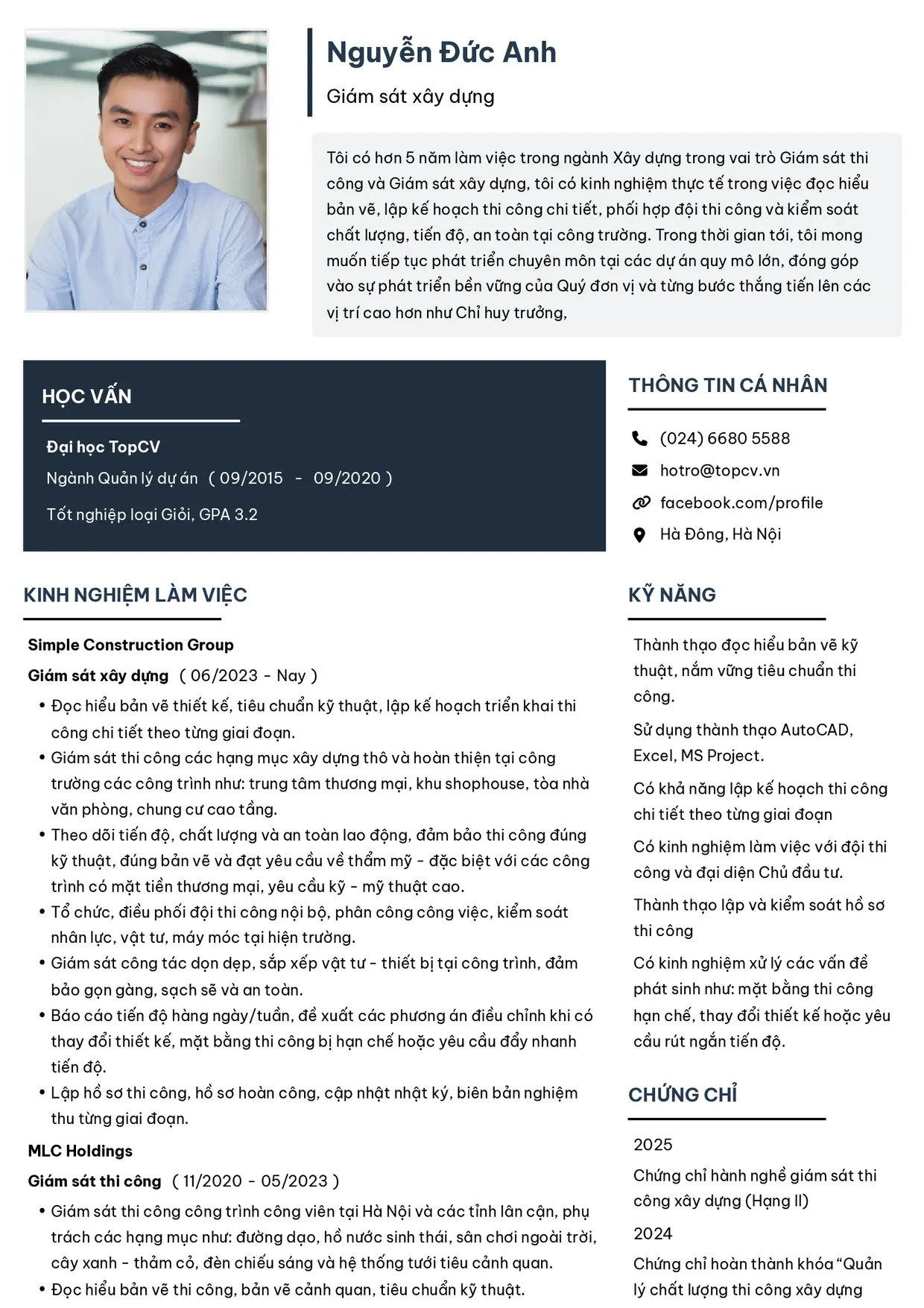 Mẫu CV Giám sát xây dựng style Tối giản 2