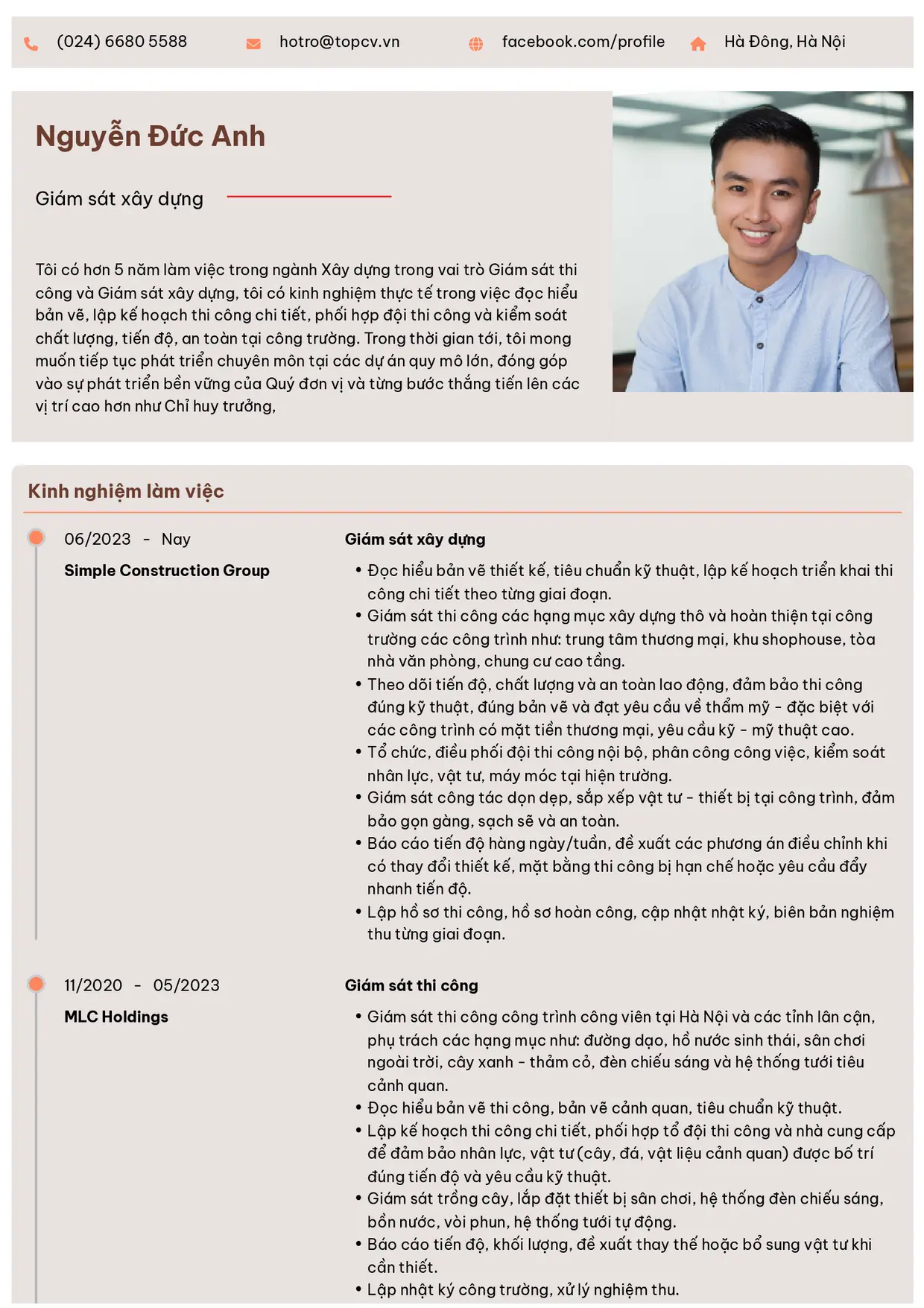 Mẫu CV Giám sát xây dựng style Trang trọng