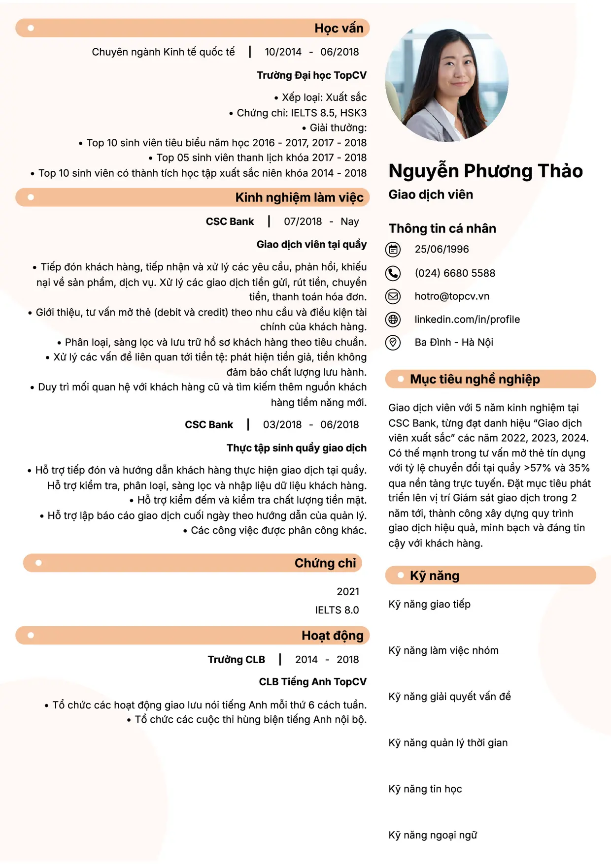 Mẫu CV Giao dịch viên style Basic 5