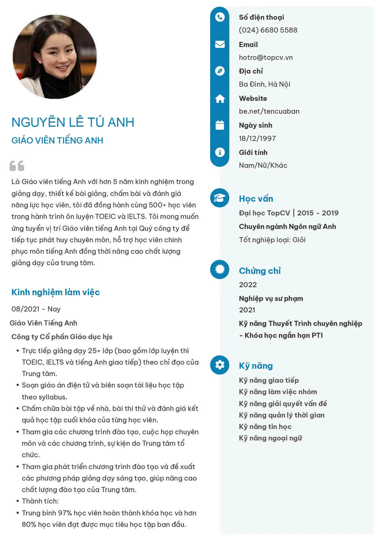 Mẫu CV Giáo viên tiếng Anh style Basic 4