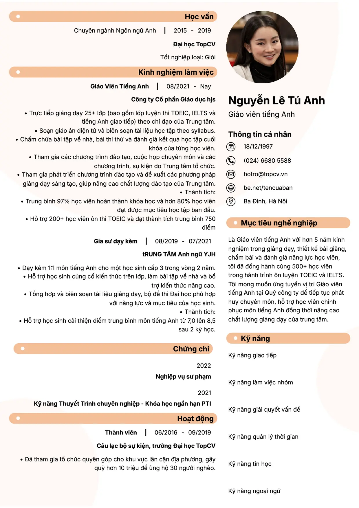 Mẫu CV Giáo viên tiếng Anh style Basic 5