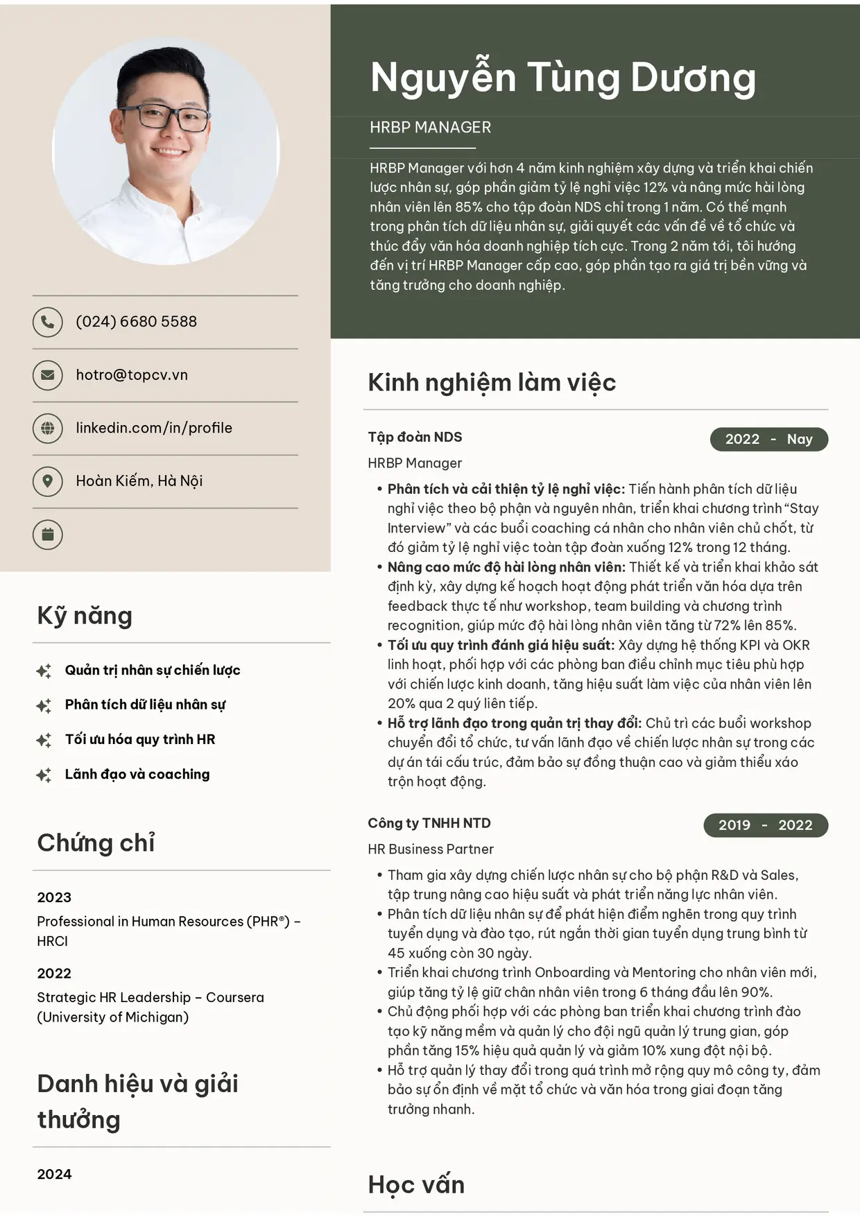 Mẫu CV xin việc HRBP Manager style Bright