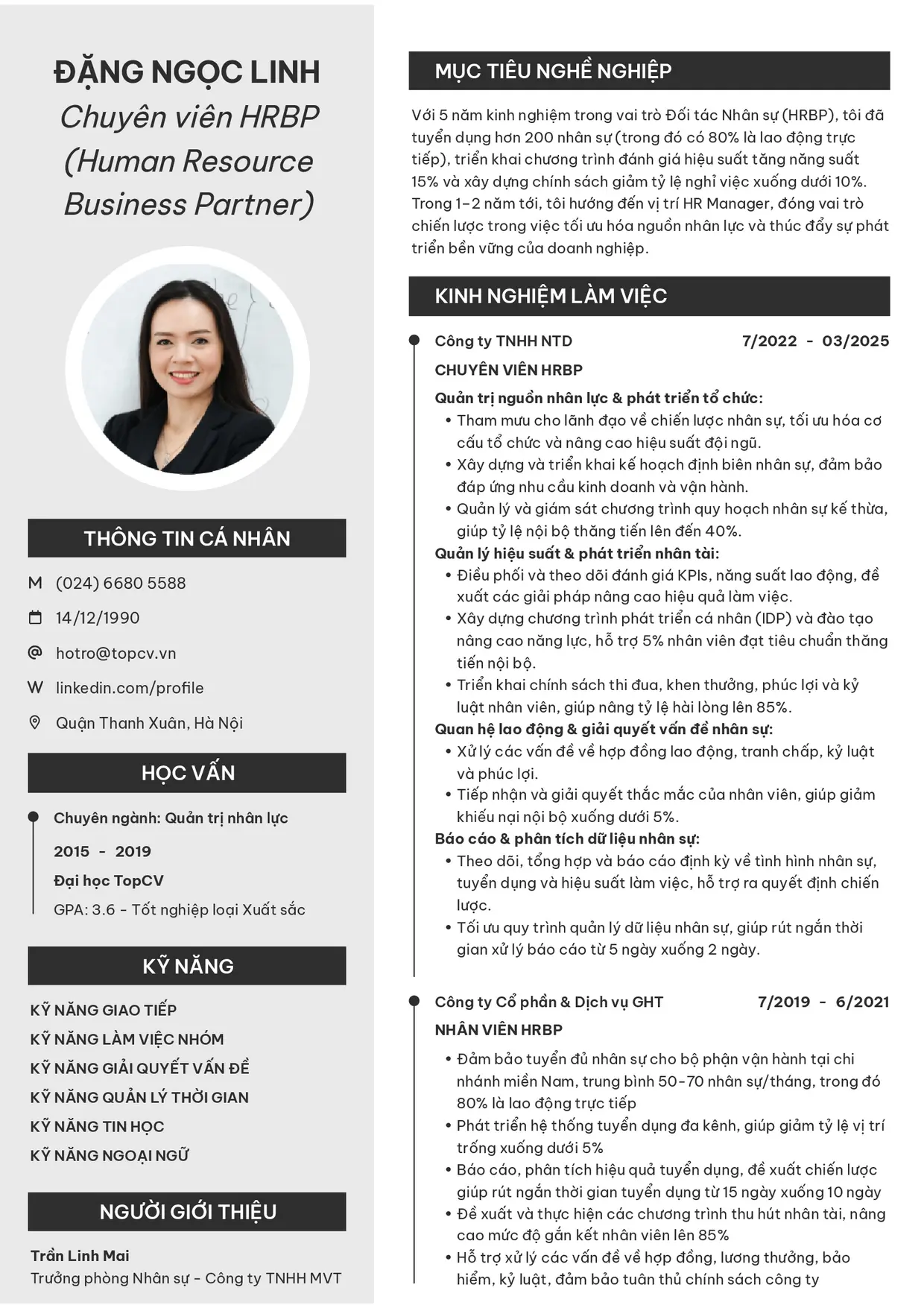 Mẫu CV xin việc HRBP style Clarity