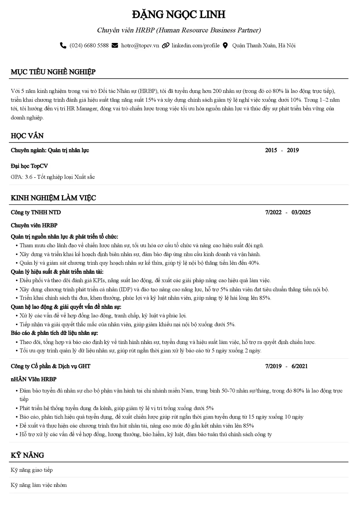Mẫu CV xin việc HRBP style Senior