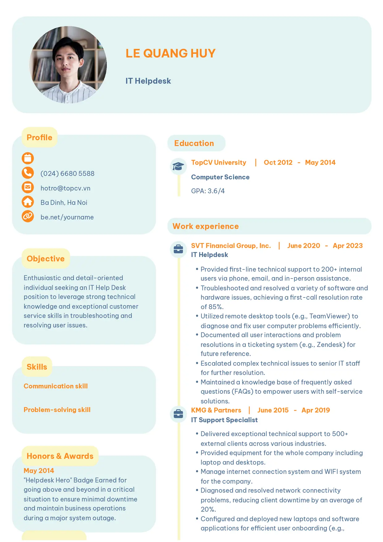 Mẫu CV xin việc IT Helpdesk style Basic 3