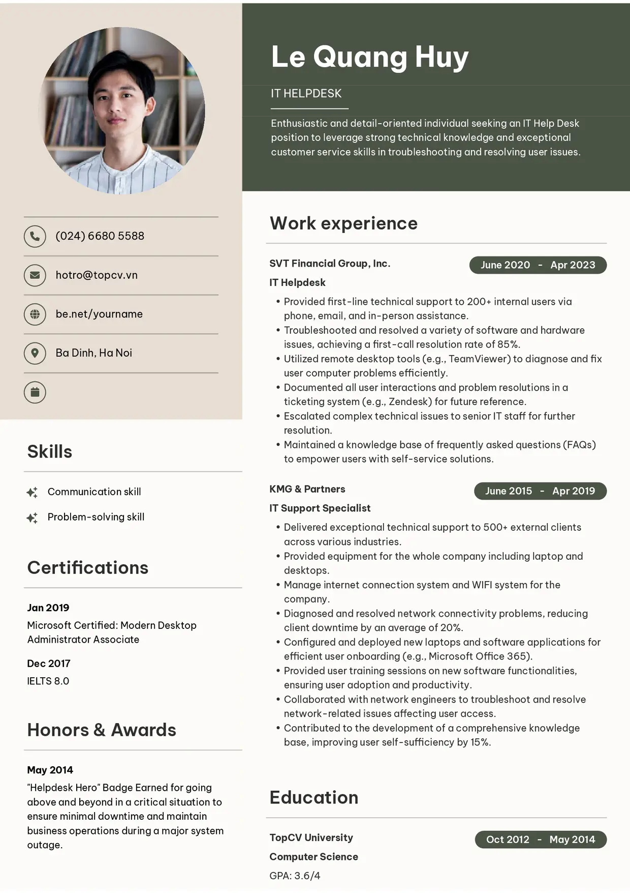 Mẫu CV xin việc IT Helpdesk style Bright