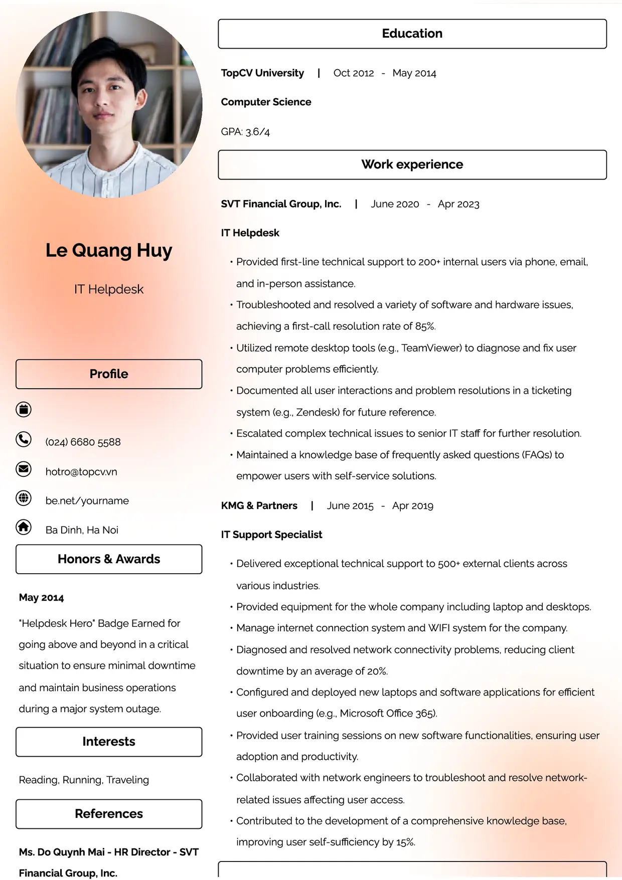 Mẫu CV xin việc IT Helpdesk style Đam mê