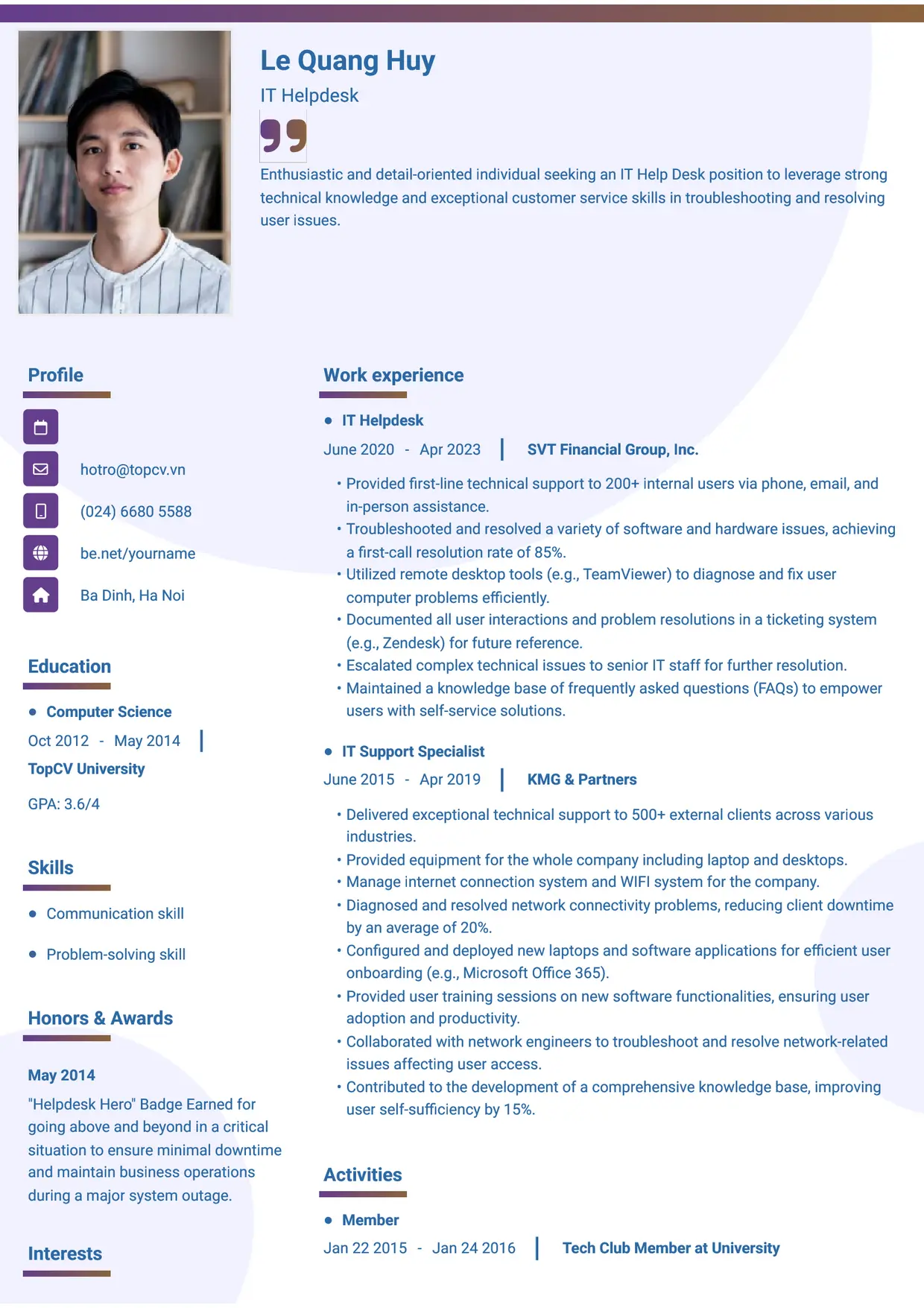 Mẫu CV xin việc IT Helpdesk style Gradient 1