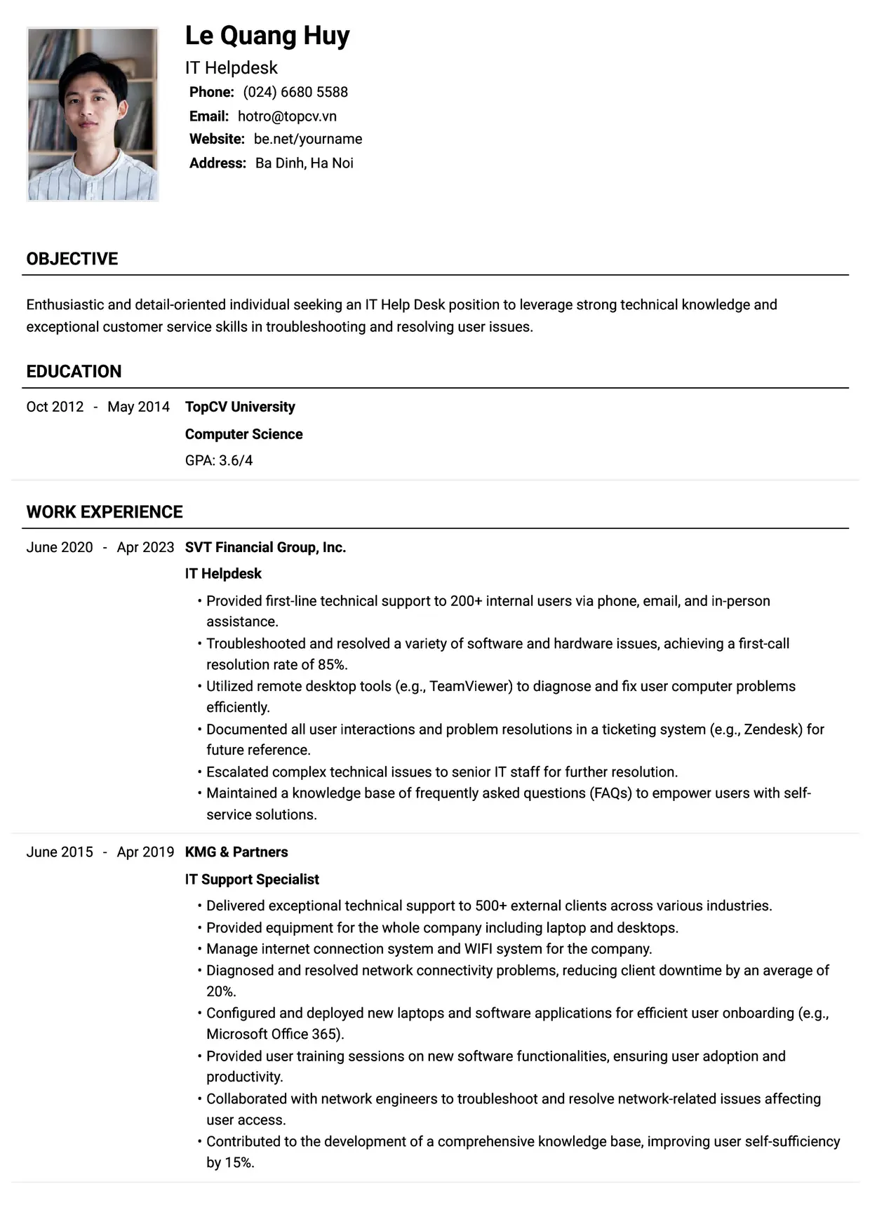 Mẫu CV xin việc IT Helpdesk style Tiêu chuẩn
