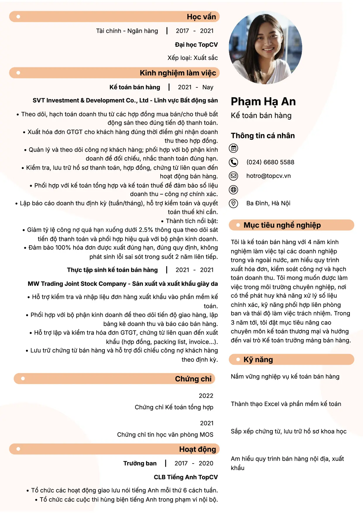 Mẫu CV xin việc Kế toán bán hàng style Basic 5