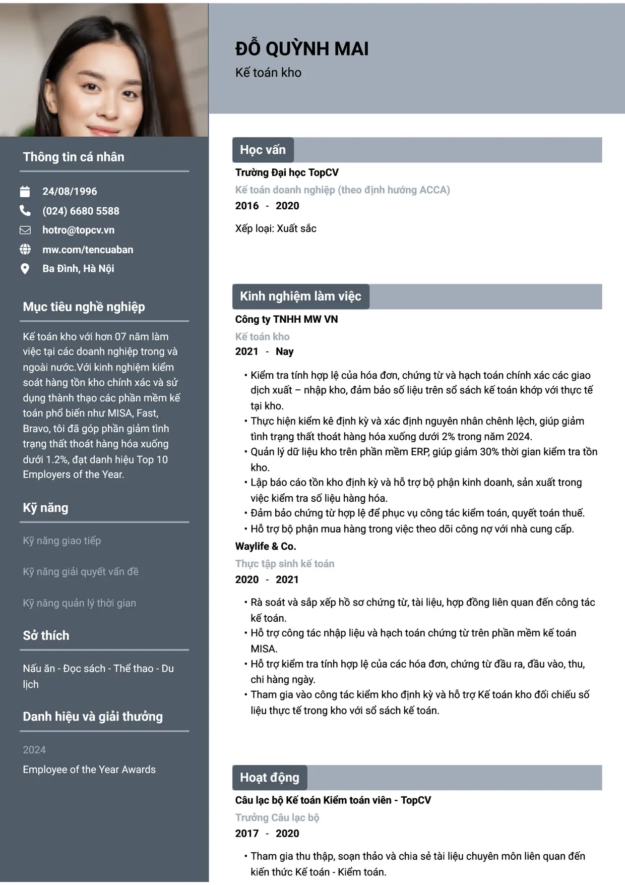 Mẫu CV Kế toán kho style Basic 1