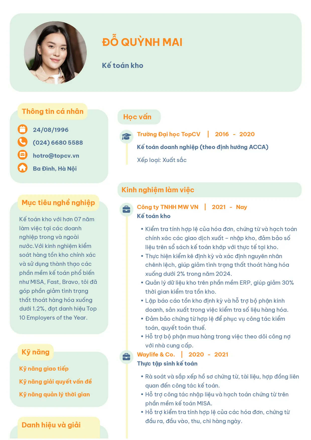 Mẫu CV Kế toán kho style Basic 3