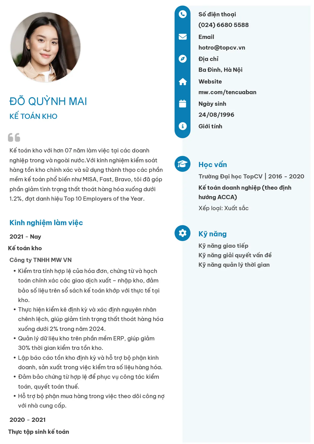 Mẫu CV Kế toán kho style Basic 4