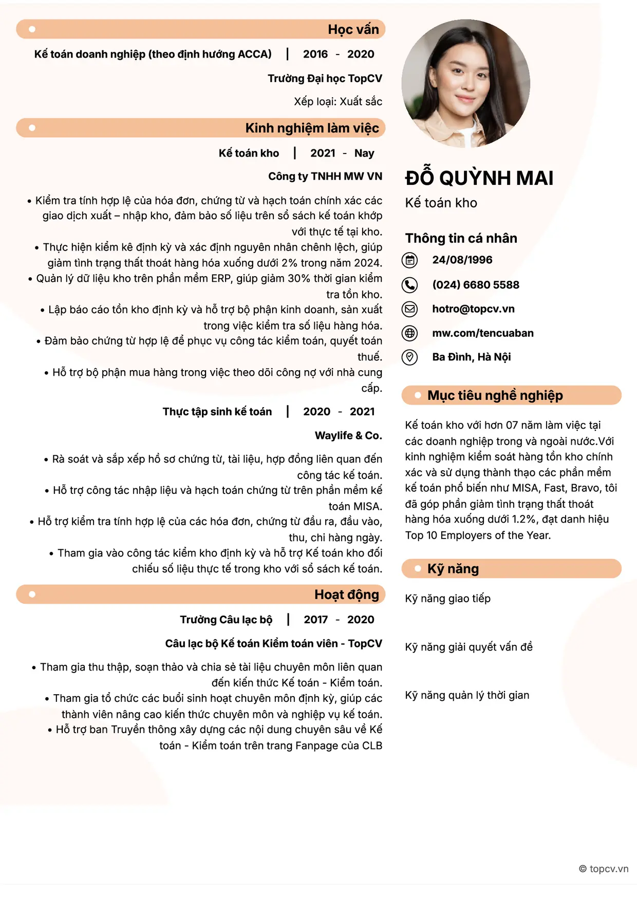 Mẫu CV Kế toán kho style Basic 5