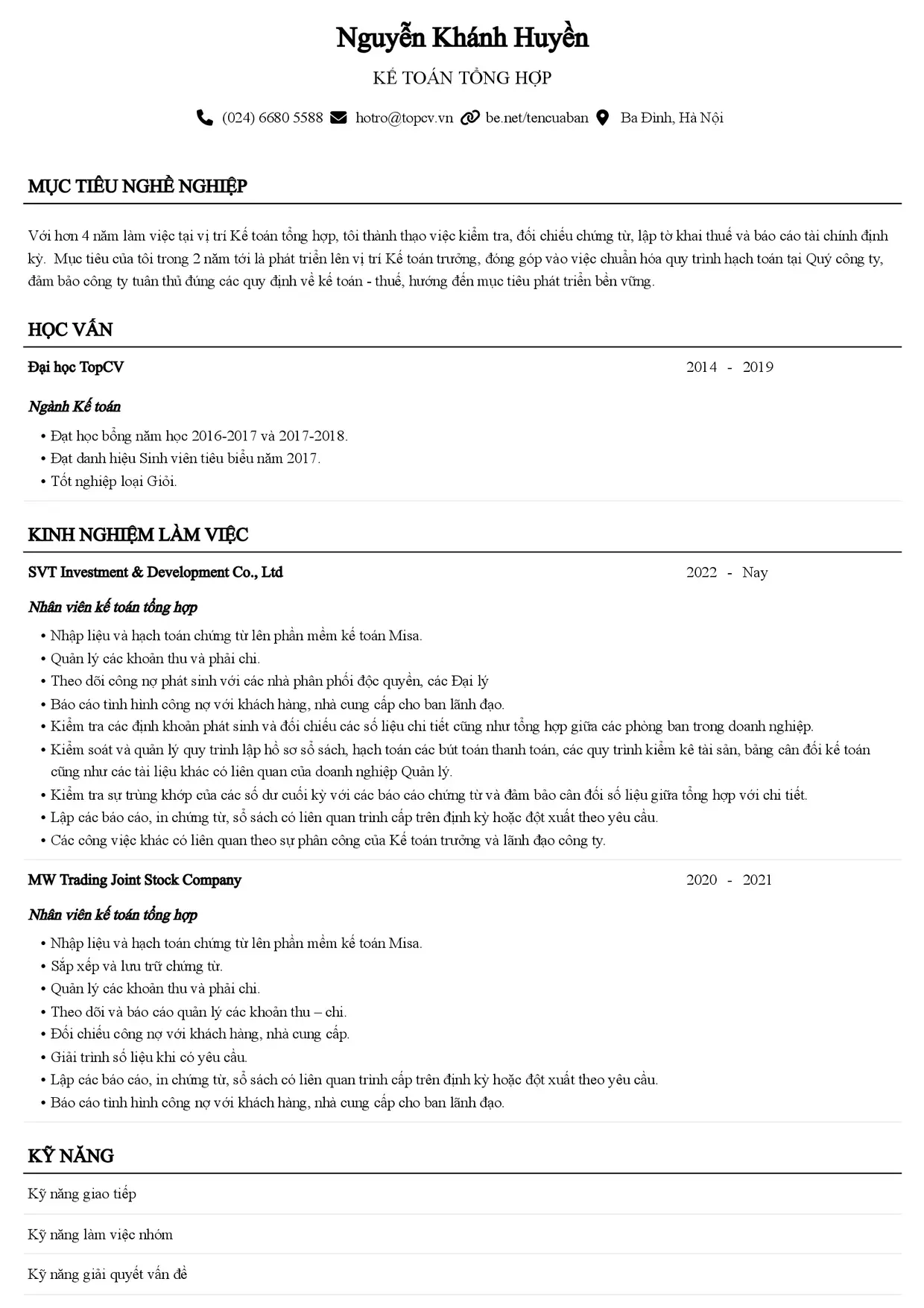 Mẫu CV xin việc Kế toán tổng hợp style Senior