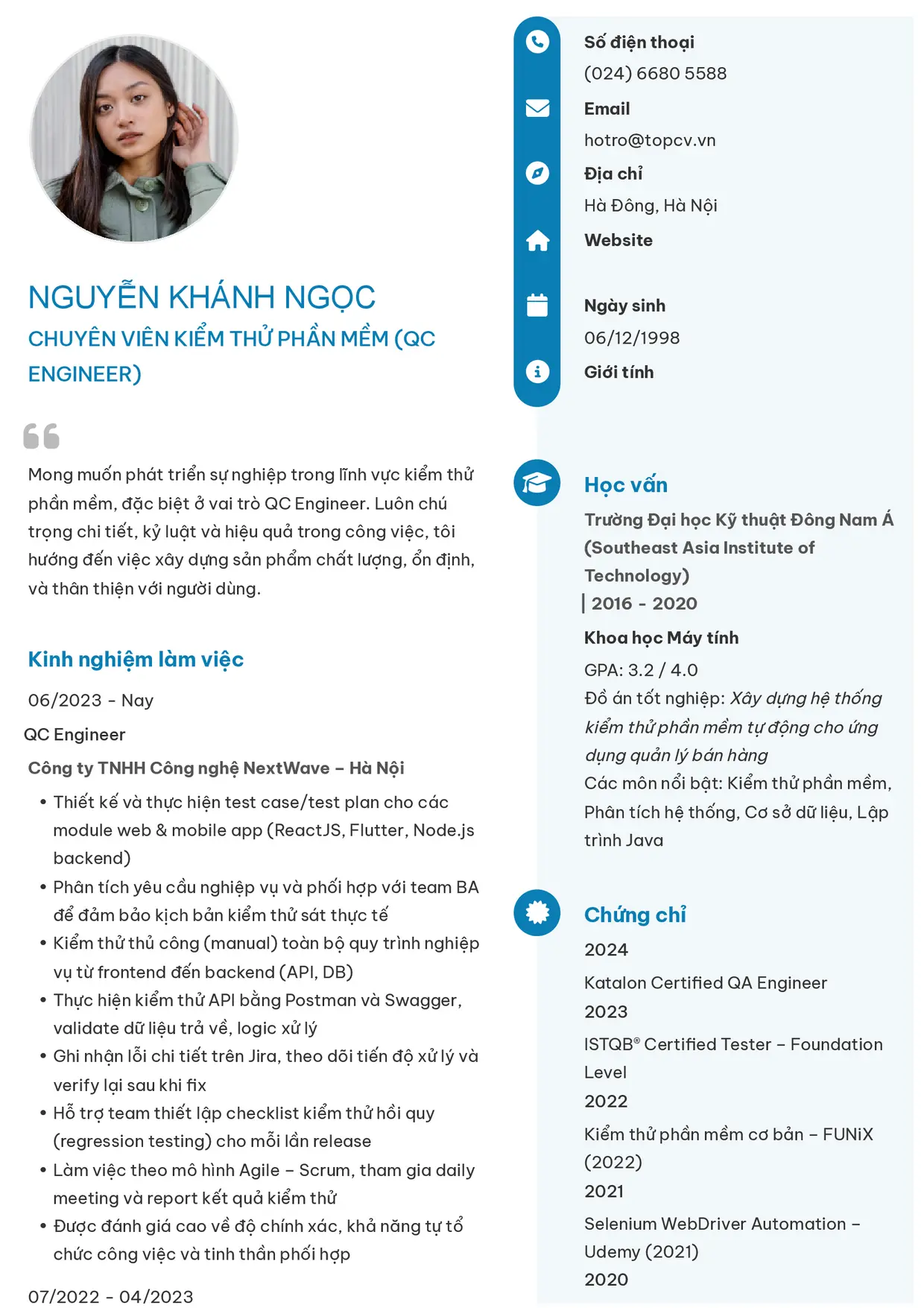 Mẫu CV xin việc Kiểm thử phần mềm (QA/QC) style Basic 4