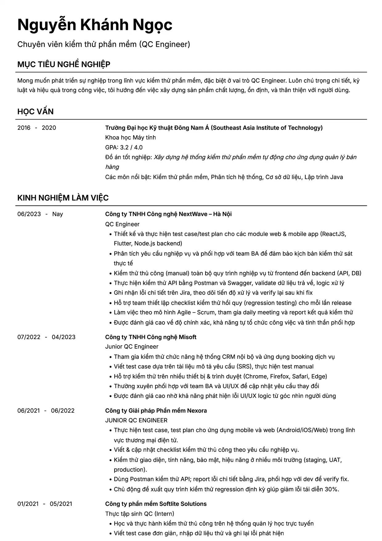 Mẫu CV xin việc Kiểm thử phần mềm (QA/QC) style Headhunt