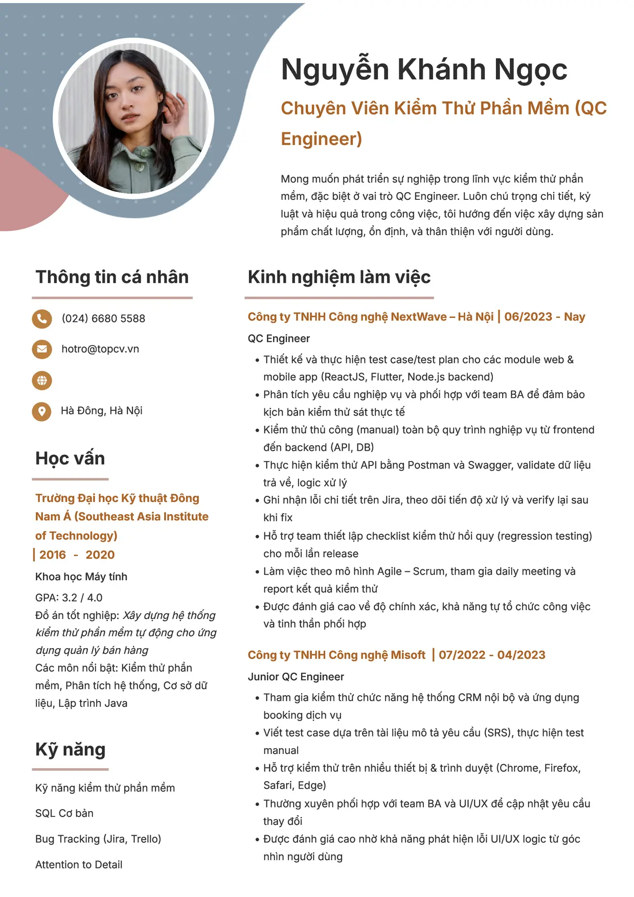 Mẫu CV xin việc Kiểm thử phần mềm (QA/QC) style Sáng tạo