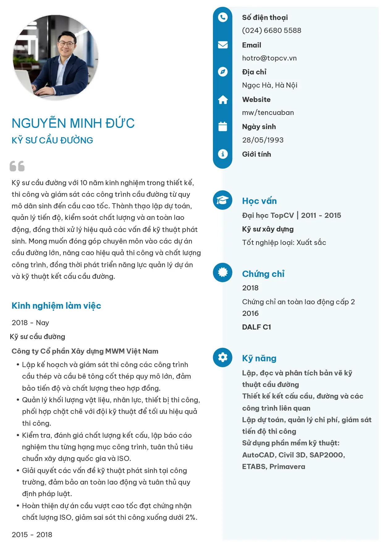 Mẫu CV xin việc Kỹ sư cầu đường style Basic 4