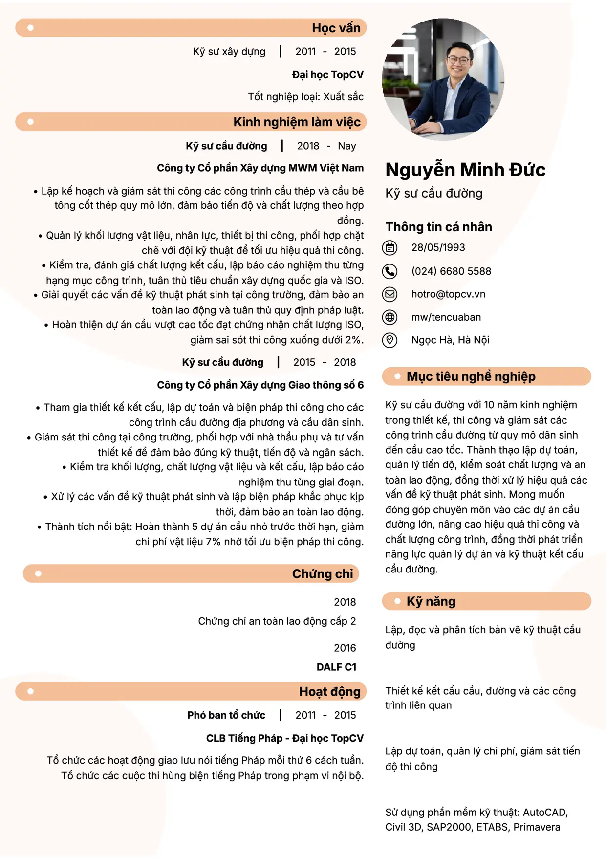 Mẫu CV xin việc Kỹ sư cầu đường style Basic 5