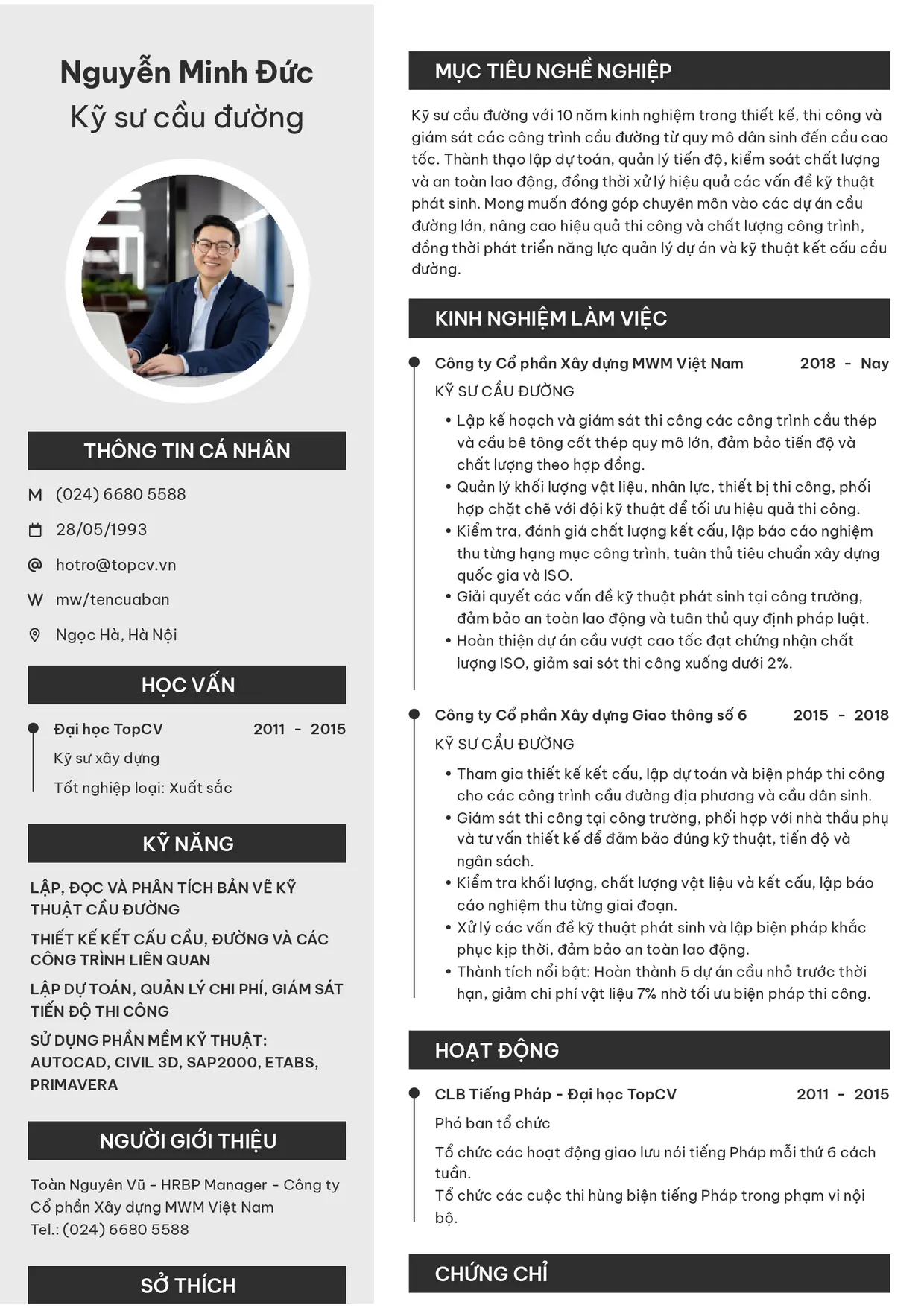 Mẫu CV xin việc Kỹ sư cầu đường style Clarity