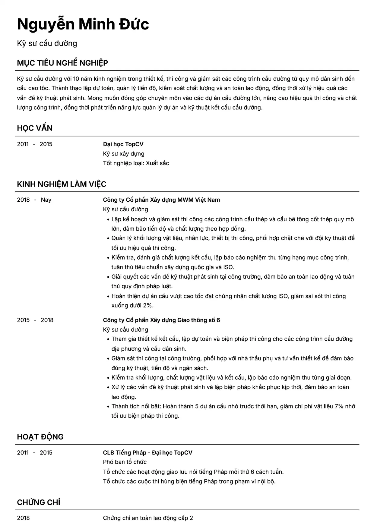 Mẫu CV xin việc Kỹ sư cầu đường style Headhunt