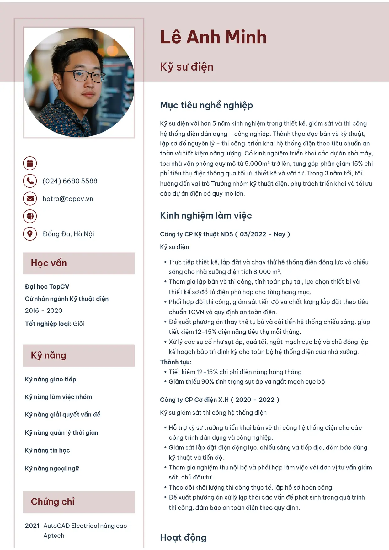 Mẫu CV Kỹ sư điện style Thanh nhã