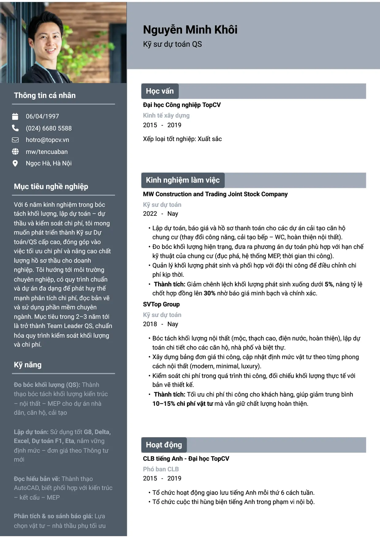 Mẫu CV xin việc Kỹ sư dự toán (QS) style Basic 1