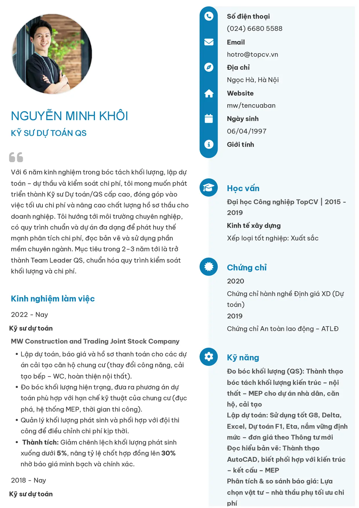 Mẫu CV xin việc Kỹ sư dự toán (QS) style Basic 4
