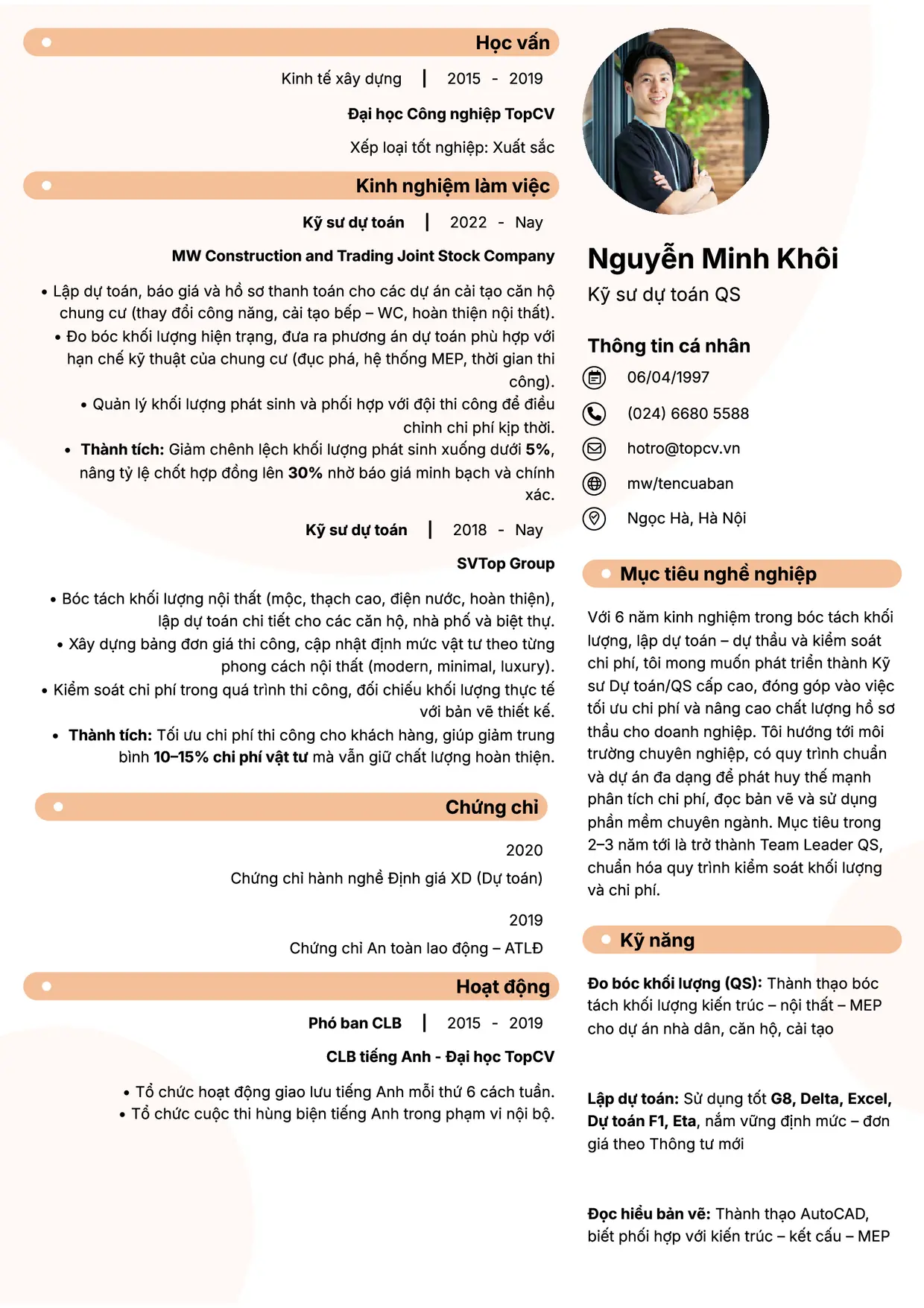 Mẫu CV xin việc Kỹ sư dự toán (QS) style Basic 5