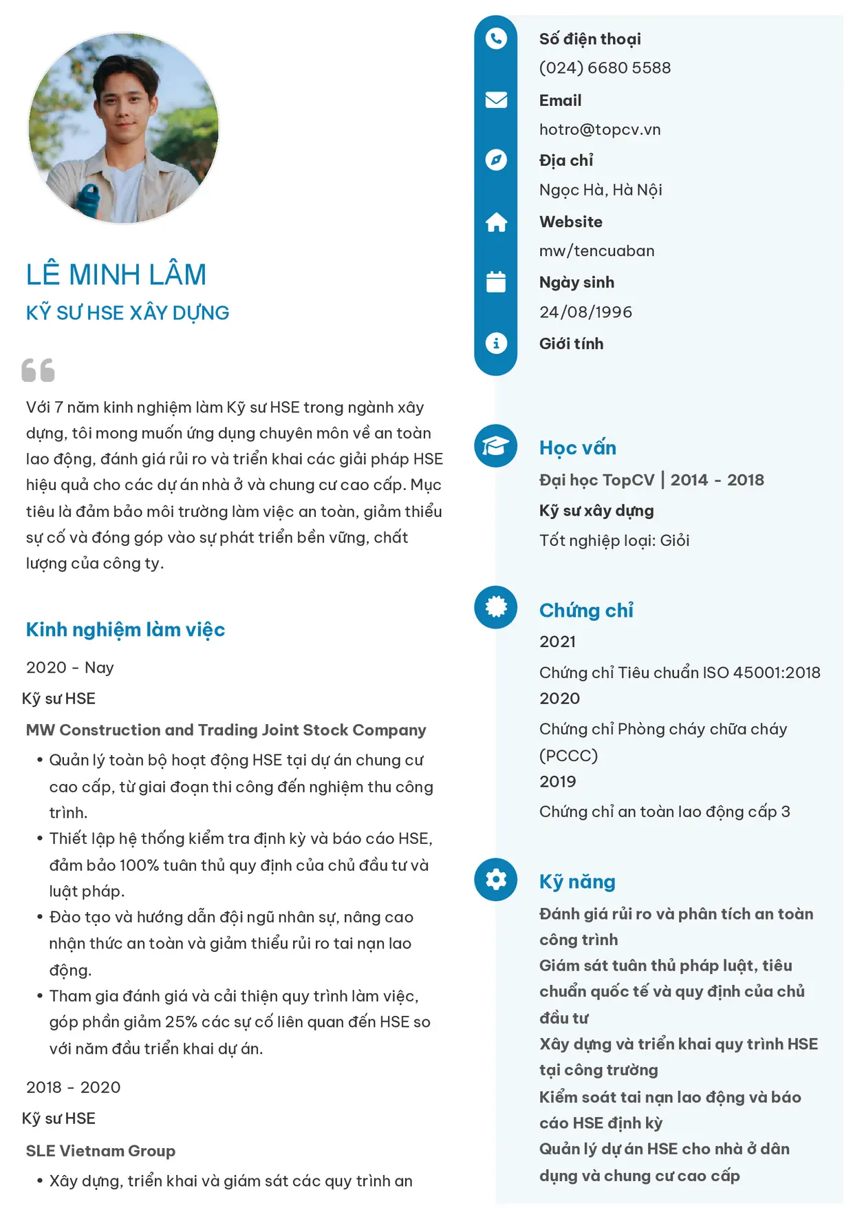 Mẫu CV xin việc Kỹ sư HSE style Basic 4