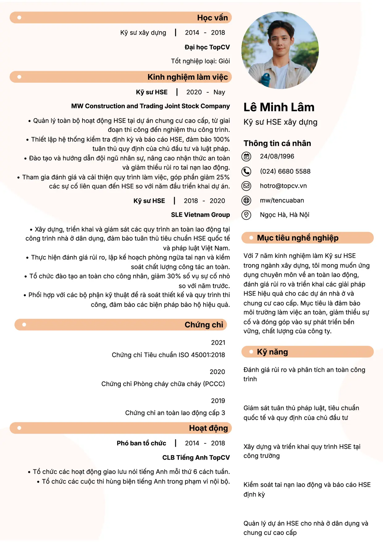 Mẫu CV xin việc Kỹ sư HSE style Basic 5