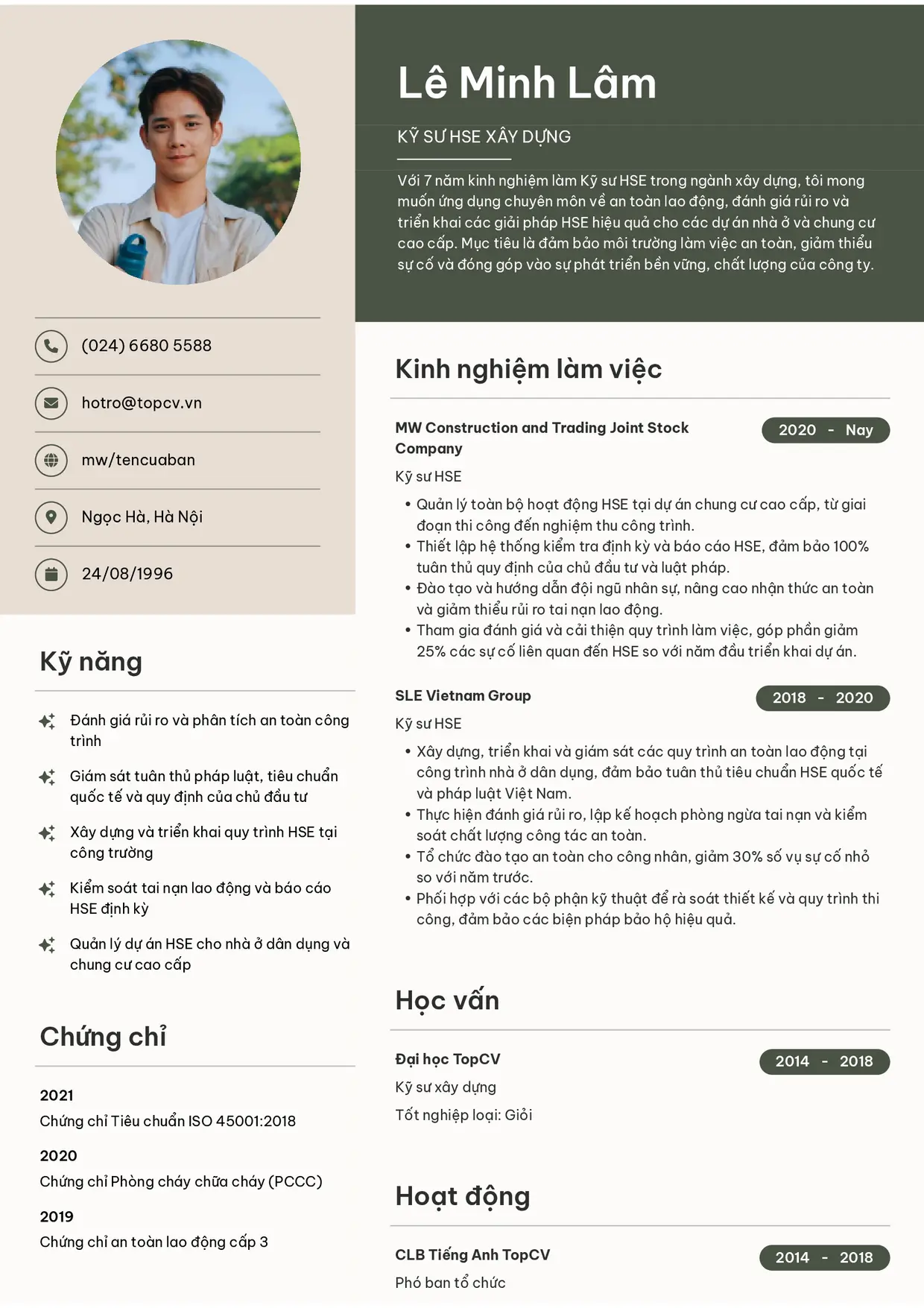 Mẫu CV xin việc Kỹ sư HSE style Bright