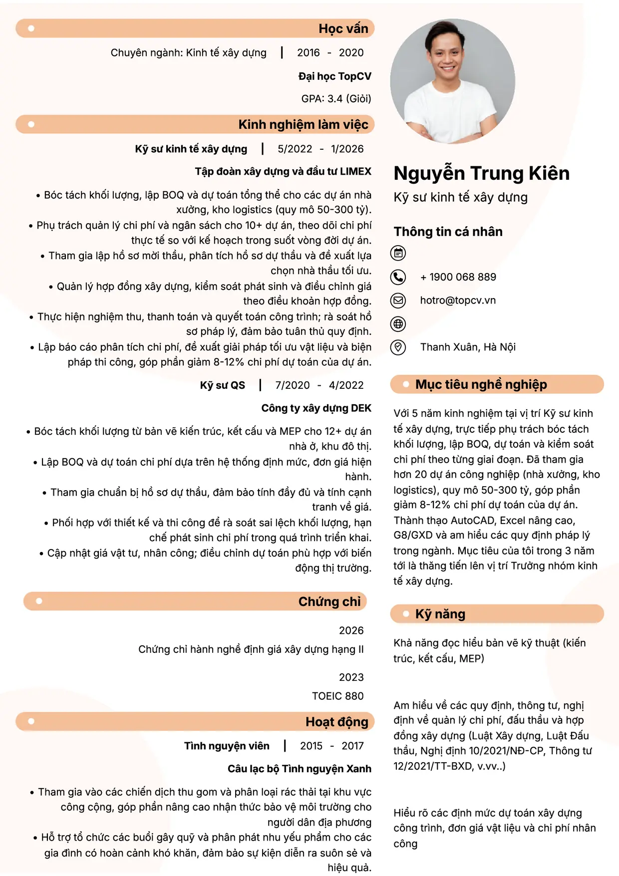 Mẫu CV xin việc Kỹ sư kinh tế xây dựng style Basic 5