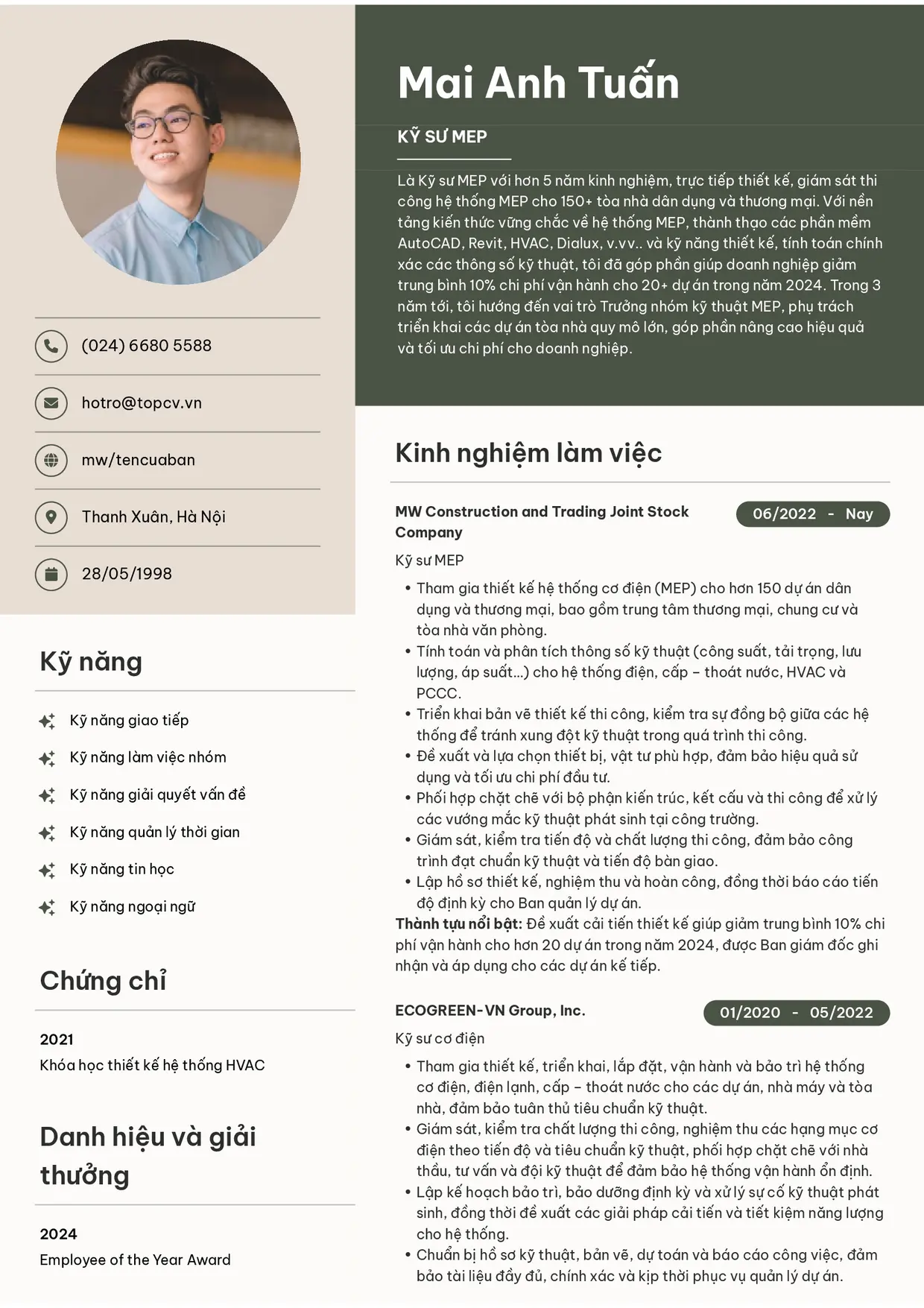 Mẫu CV xin việc Kỹ sư MEP style Bright