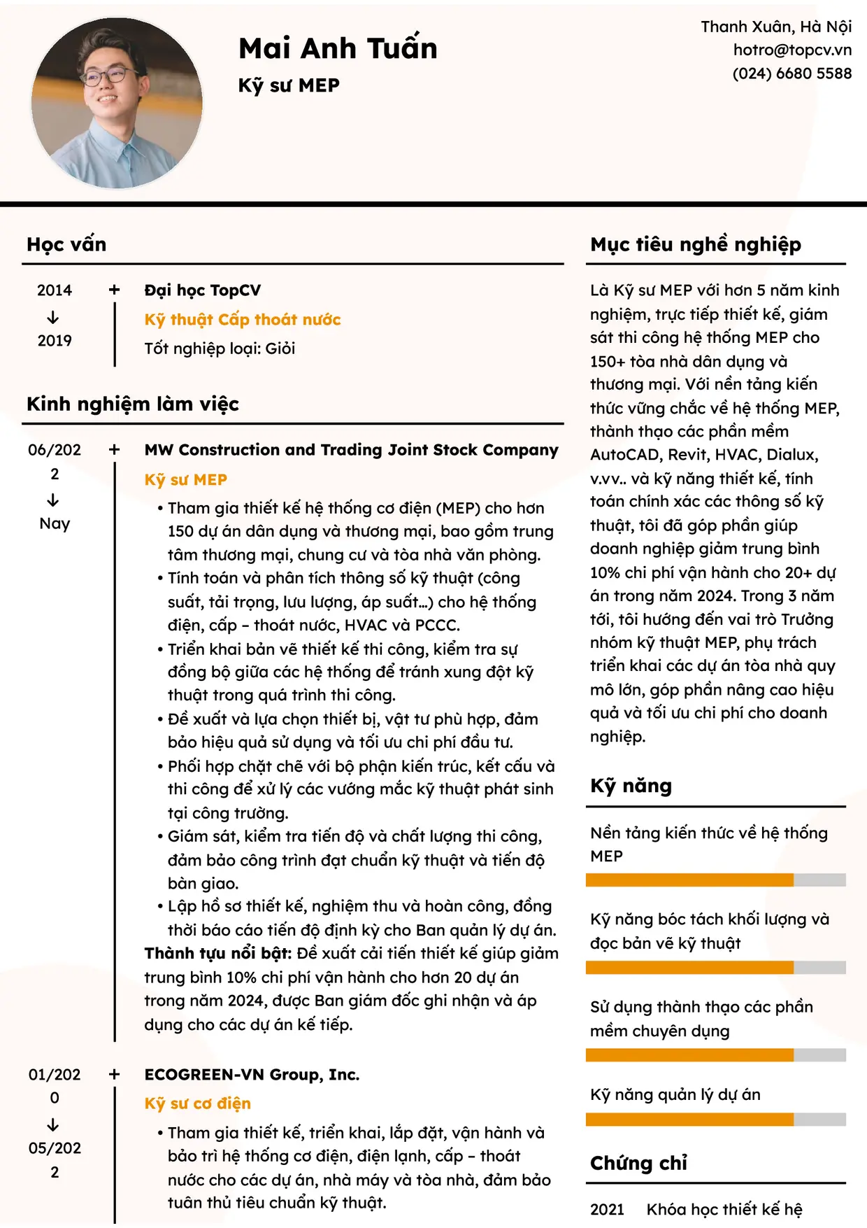 Mẫu CV xin việc Kỹ sư MEP style Dòng Thời Gian