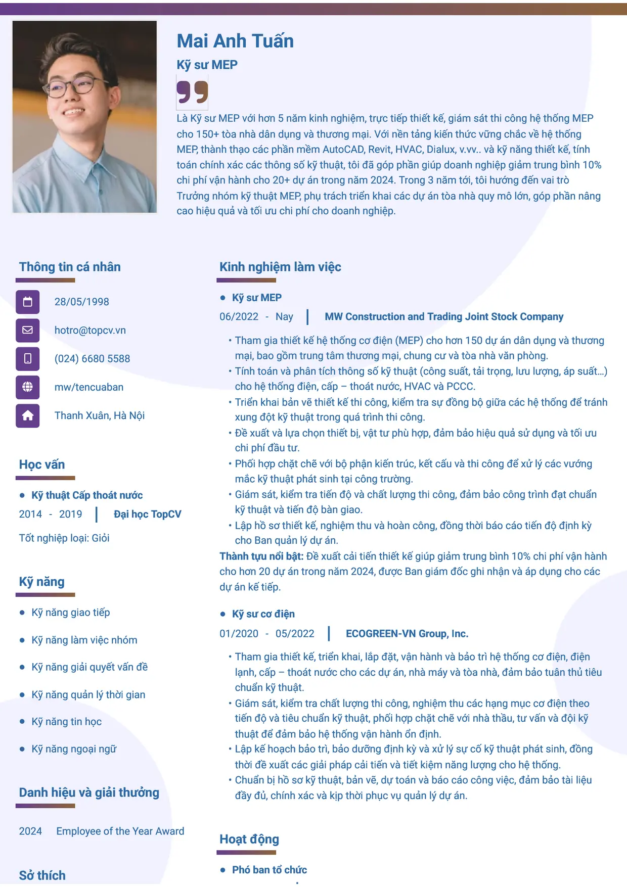 Mẫu CV xin việc Kỹ sư MEP style Gradient 1