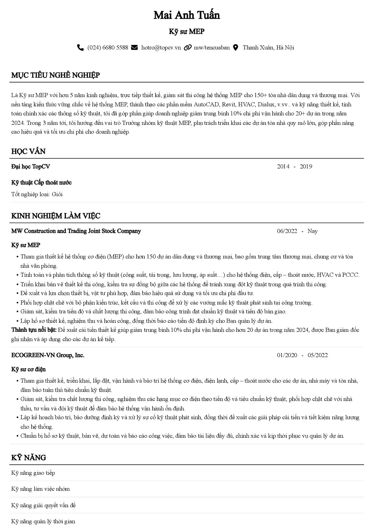 Mẫu CV xin việc Kỹ sư MEP style Senior