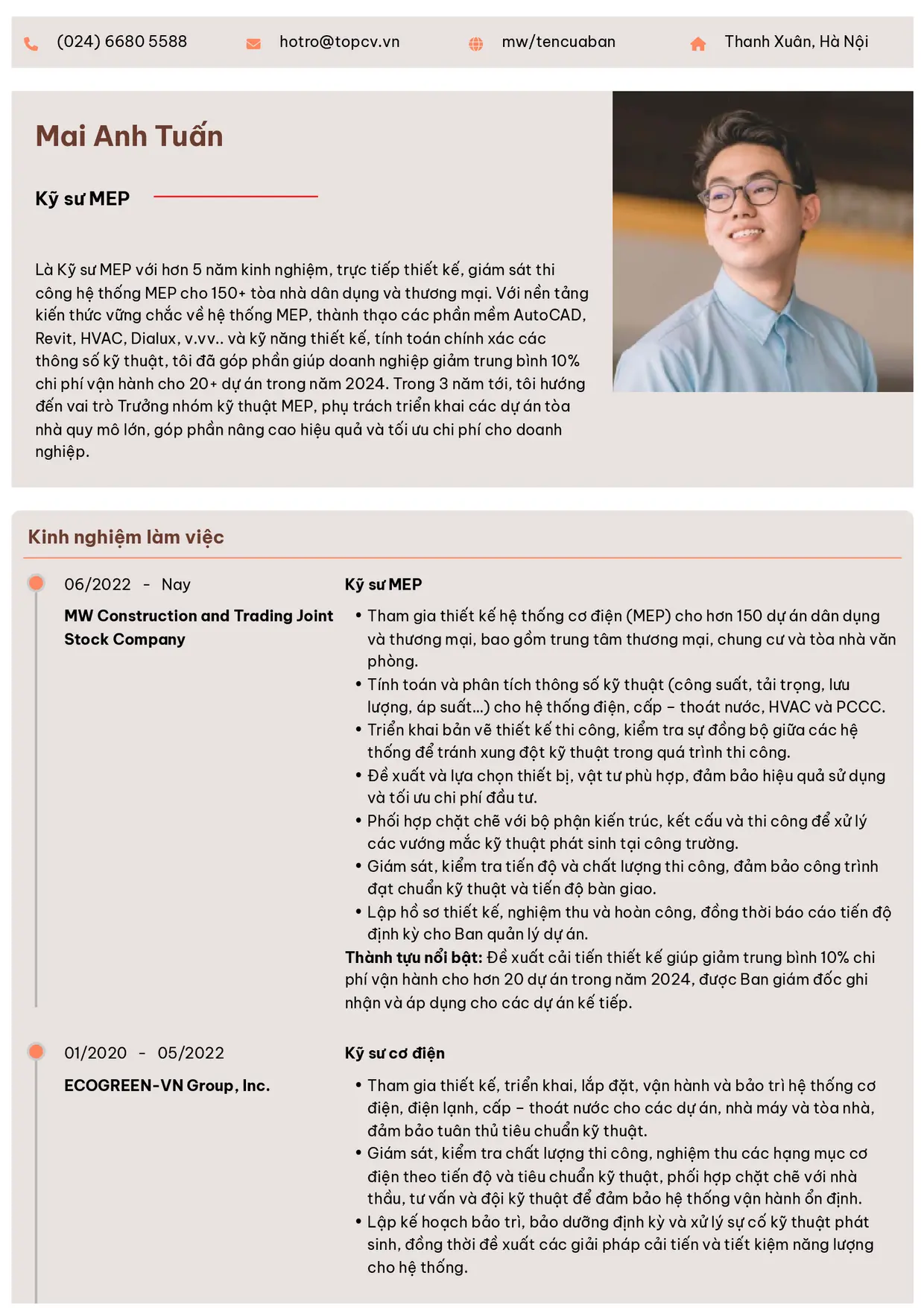 Mẫu CV xin việc Kỹ sư MEP style Trang trọng