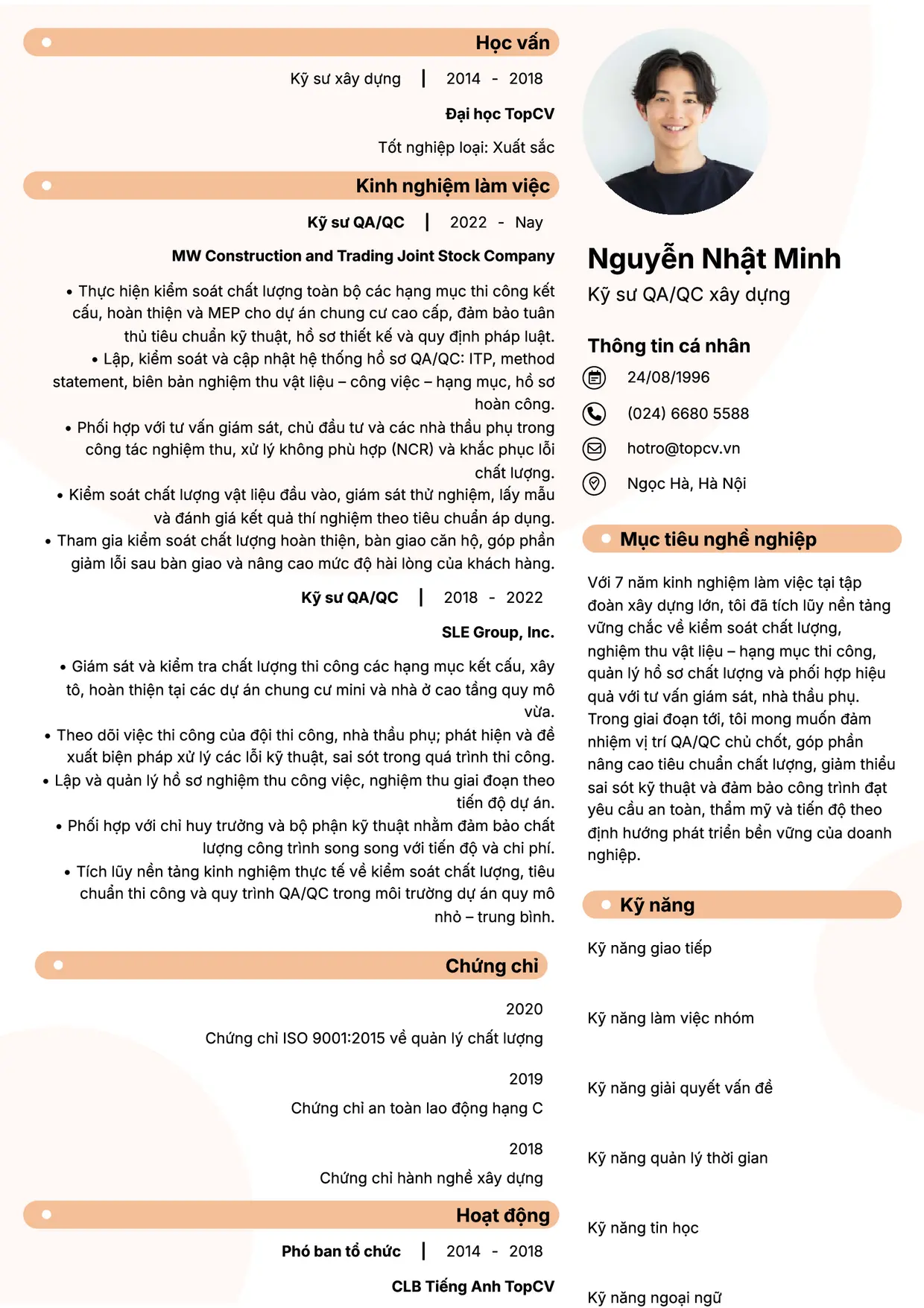 Mẫu CV xin việc Kỹ sư QA/QC xây dựng style Basic 5