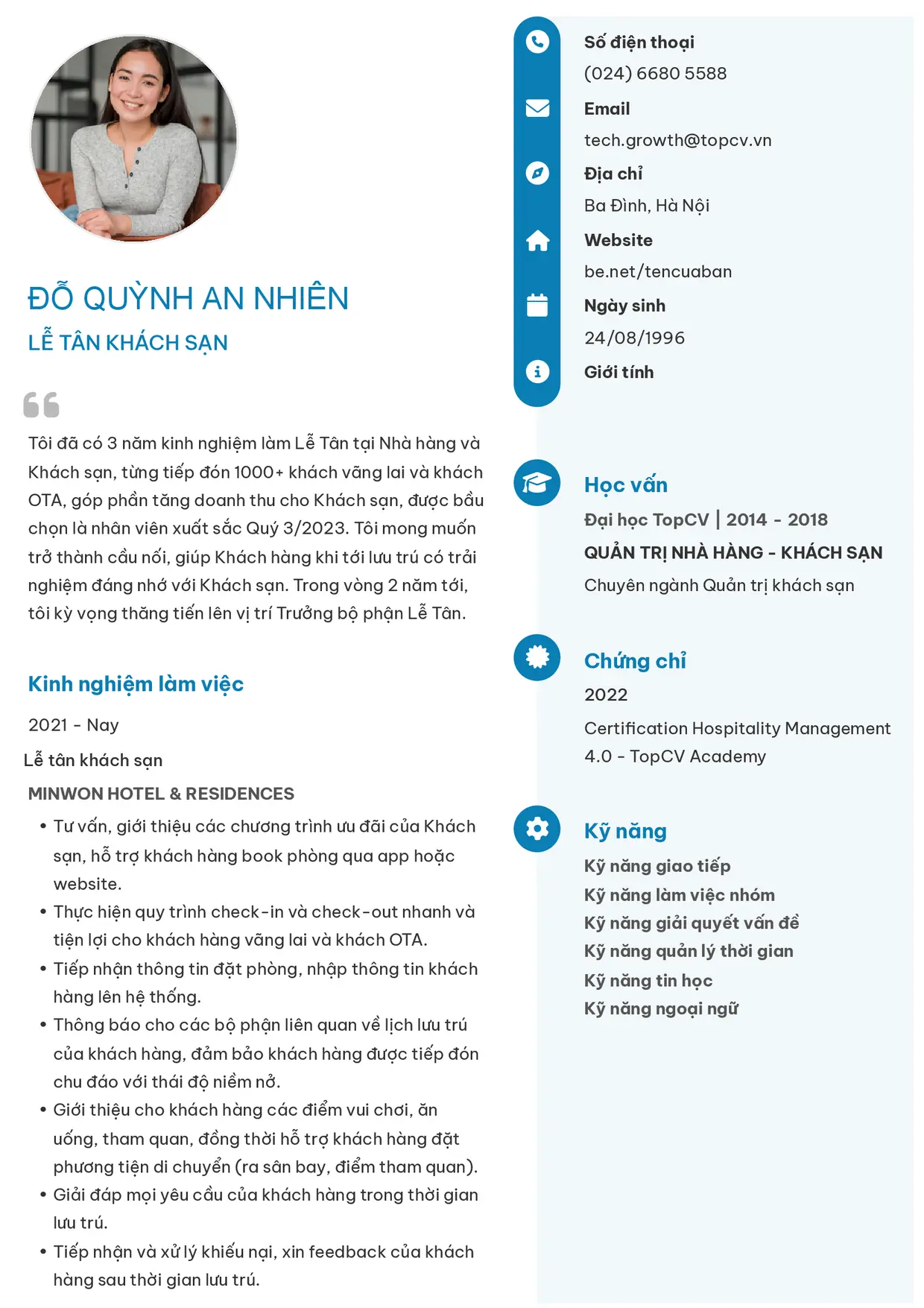 Mẫu CV xin việc Lễ tân khách sạn style Basic 4