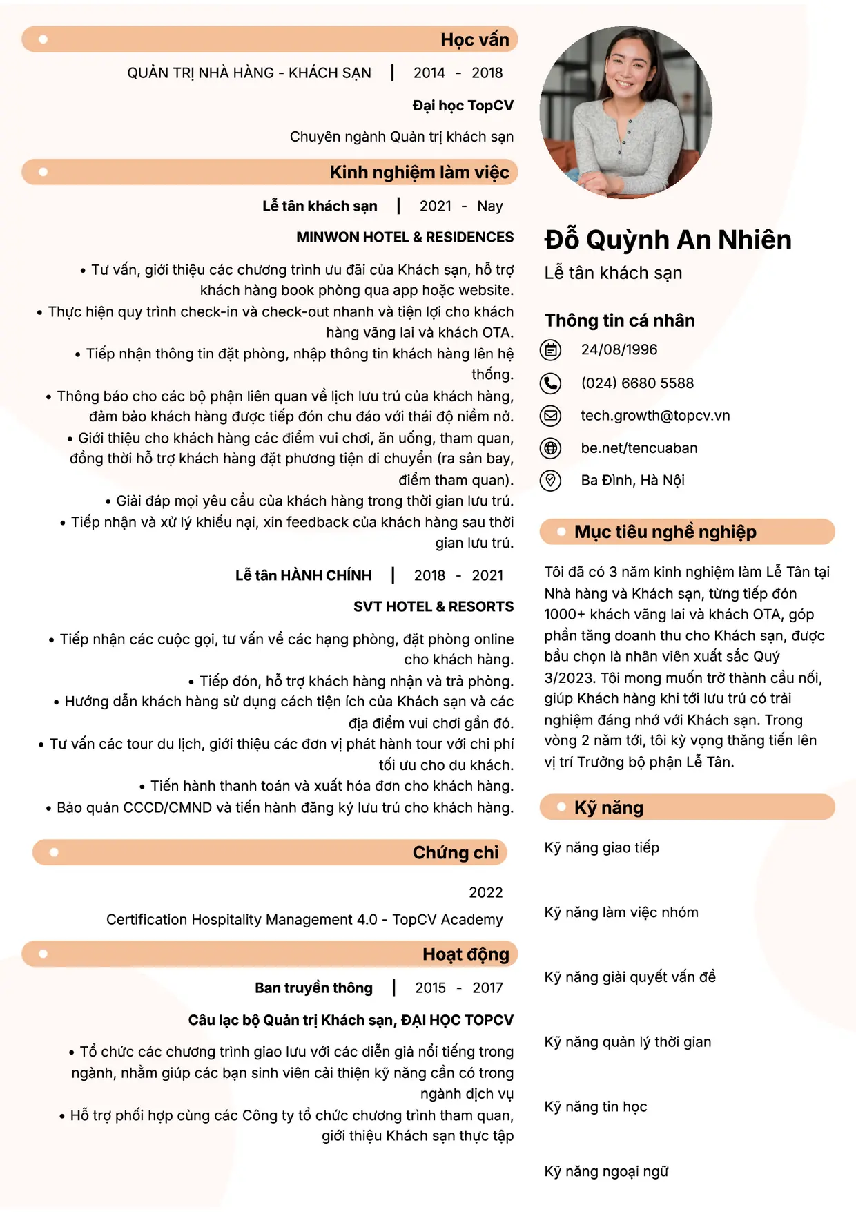 Mẫu CV xin việc Lễ tân khách sạn style Basic 5